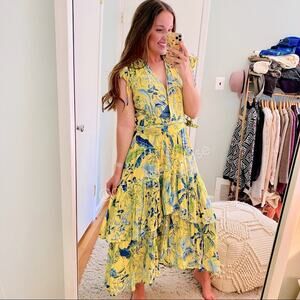 Banjanan Floral Tropical Yellow Blue Maxi Dress XS